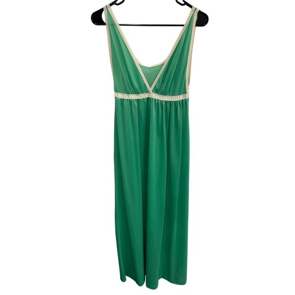 Vintage Green Sleeveless Maxi Nightgown Lace Trim Deep V Neckline Fairy - Picture 1 of 8